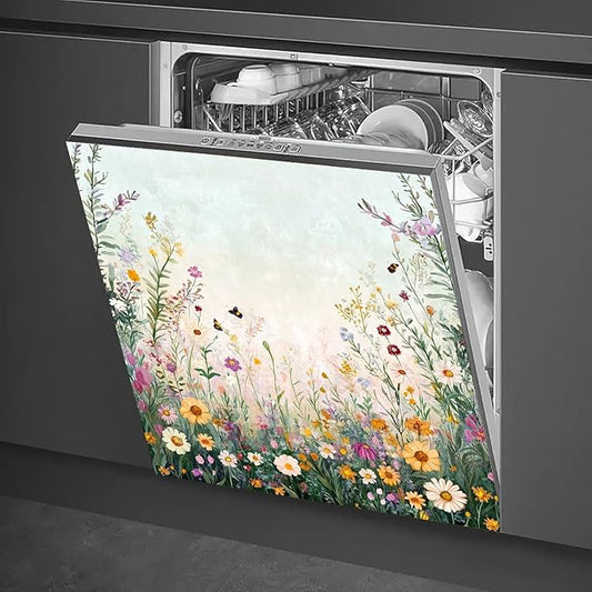 Dishwasher Magnet Cover 23x26 in Wildflower Meadow and Bees with Soft Sky Background Magnetic Dishwasher Cover for Kitchen Appliance Decoration Front Panel Sticker Panel Home Decor
