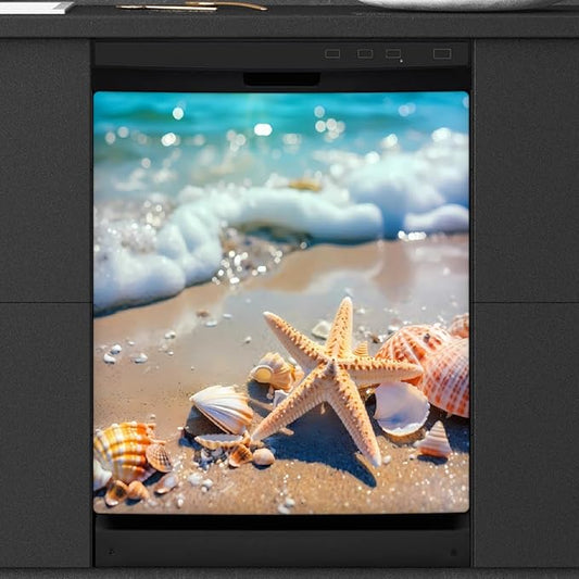 Dishwasher Magnet Cover Sea Beach Starfish Seashell Reusable Dishwasher Magnetic Cover Sticker Decorative Dish Washer Door Cover Panel for Home Kitcen Appliance, 21x26 in