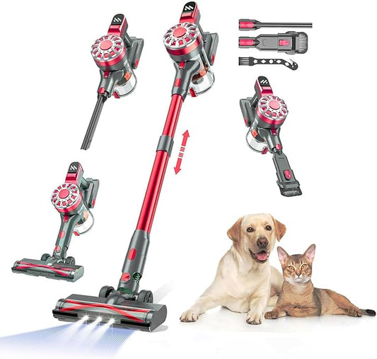 WLOTPO Cordless Vacuum Cleaner for Home,Lightweight Stick Vacuum Cordless Rechargeable with Power Suction, Up to 35 Mins Runtime, Hardwood Floor Vacuum for Pet Hair,Carpets,Tile(Cherry Red)