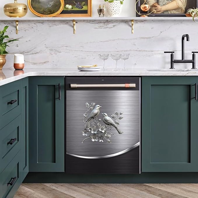 Grey Metal Silver Pattern,Dishwasher Cover Sheet, Magnetic Bird Flower Polishing Steelbird Dishwasher Skin Decor, Silver Texture, 23X17 INCH Magnet Rerigerator Wrap, Kitchen Panel Full Decal
