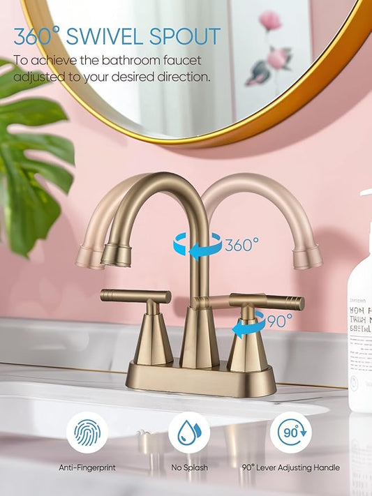 Cobbe Bathroom Faucets for Sink 3 Hole, 4 Inch with Pop Up Drain and 2 Supply Hoses, 2 Handle Centerset Bathroom Faucet for Sink Vanity, Brushed Gold, 2 Pack