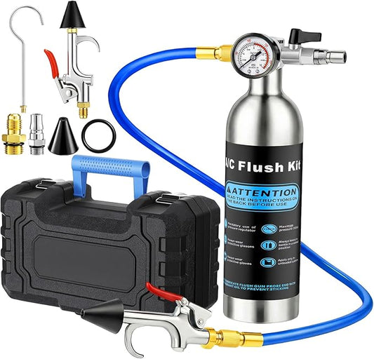 AC Flush Kit Air Conditioner System Flush Canister Kit AC Drain Line Cleaner Tool Conditioning Pipeline Set with Gauge, Air Fittings and Hose for Car Conditioner Pipe(Blue,Classic)