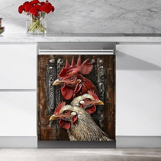 Wood Board and Rooster Pattern Dishwasher Magnet Cover Panel Kitchen Decorative Magnetic Refrigerator Front Door Cover Sticker,23W x 26H inchs