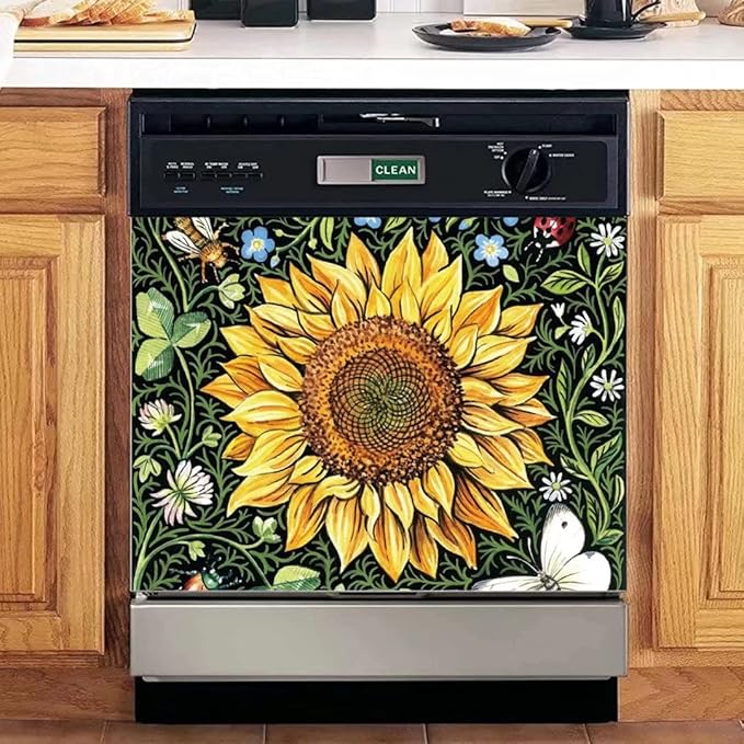 Sunflower Dishwasher Magnets Decorative Cover, Home Kitchen Dishwasher Decal Floral Refrigerator Magnet Cover Decals, Magnetic 23"x17"INCH