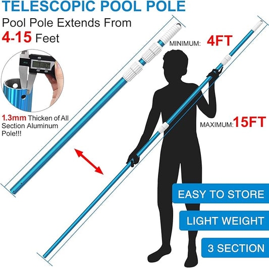 CKE Upgraded 15 Feet Thicken 1.3mm Blue Aluminum Telescoping Swimming Pool Pole,Adjustable 3 Piece Expandable Step-Up,Attach Connect Skimmer Nets,Rakes,Brushes,Vacuum Heads with Hoses, Universal 1.25"