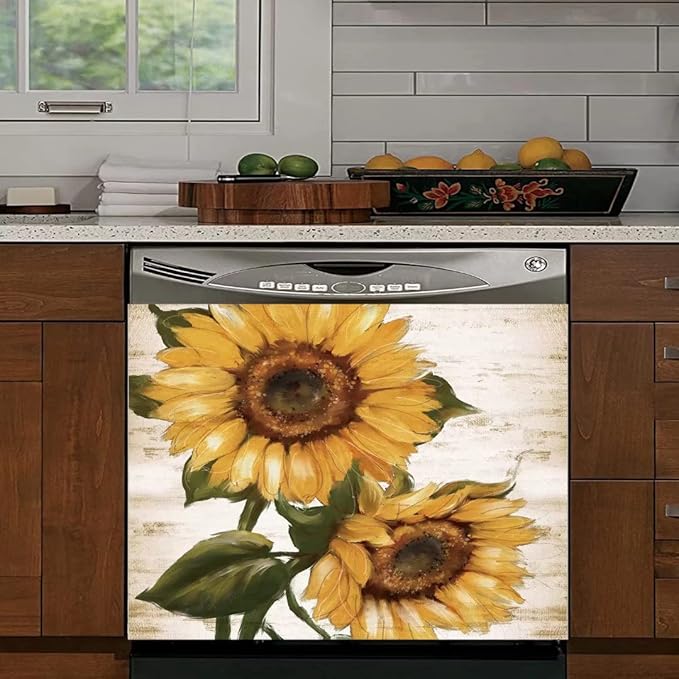 Retro Sunflower Kitchen Sticker Decor Dishwasher Cover Magnet, You are My Sunshine Dish Washer Door Panel Decal Magnetic, Refrigerator Magnet Decal Decor, Magnetic 23"x17"INCH