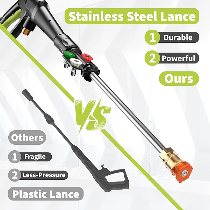 Yeryork Pressure Washer, Power Washer with 4 Lockable Wheels, Stainless Steel Lance, 4 Quick Connect Nozzles, 500ml Foam Cannon, Car Pressure Washer for Decks/Driveways/Patios (Fluorescent Green)