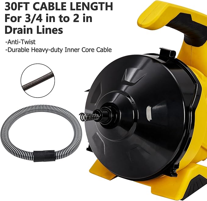 Drain Cleaner Machine 30Ft x 3/10In, Auto-Feed Electric Drain Snake with Foot Switch, Piano Wire Cable for 3/4"–2" Pipes, Sewer Snake for Sinks, Toilets & Floor Drains
