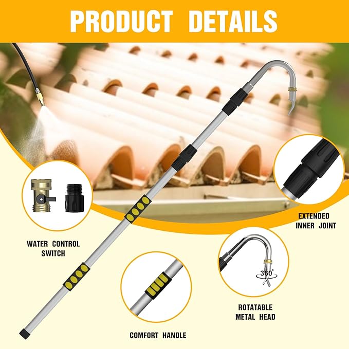 Gutter Cleaning Tools from The Ground, 24FT Reach Rain Cleaner with Bendable Wand and Quick Connect Adapter for Garden Hose