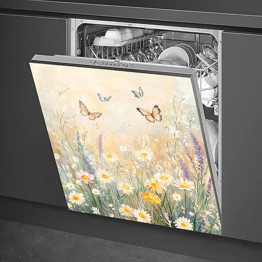 Dishwasher Magnet Cover 23x26 in Watercolor Daisies and Butterflies in Pastel Scene Magnetic Dishwasher Cover for Kitchen Appliance Decoration Front Panel Sticker Home Decor