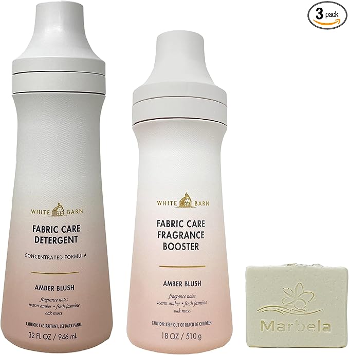 Bath & Body Works Amber Blush Fabric Care Detergent and Fragrance Booster Duo Set with a Natural Oats Bar Soap