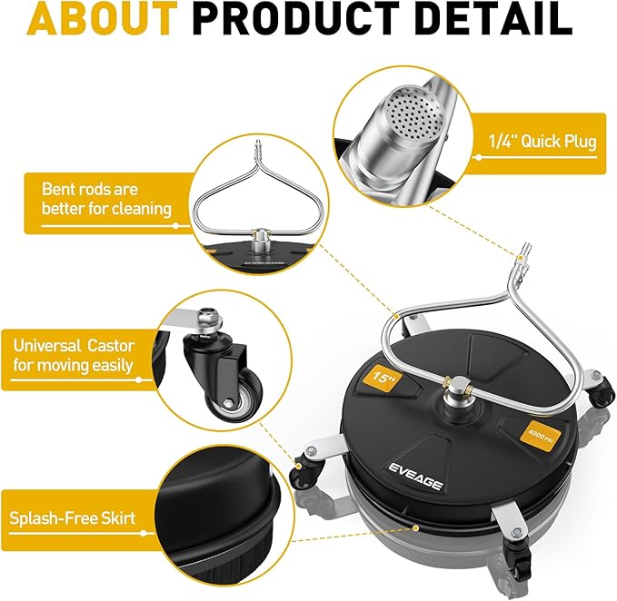 EVEAGE 15" Black Pressure Washer Surface Cleaner with Unique Curved Bar Design - 4 Wheel, 2 Nozzle Stainless Steel Pressure Washer Surface Cleaner for Driveway and Sidewalk Cleaning