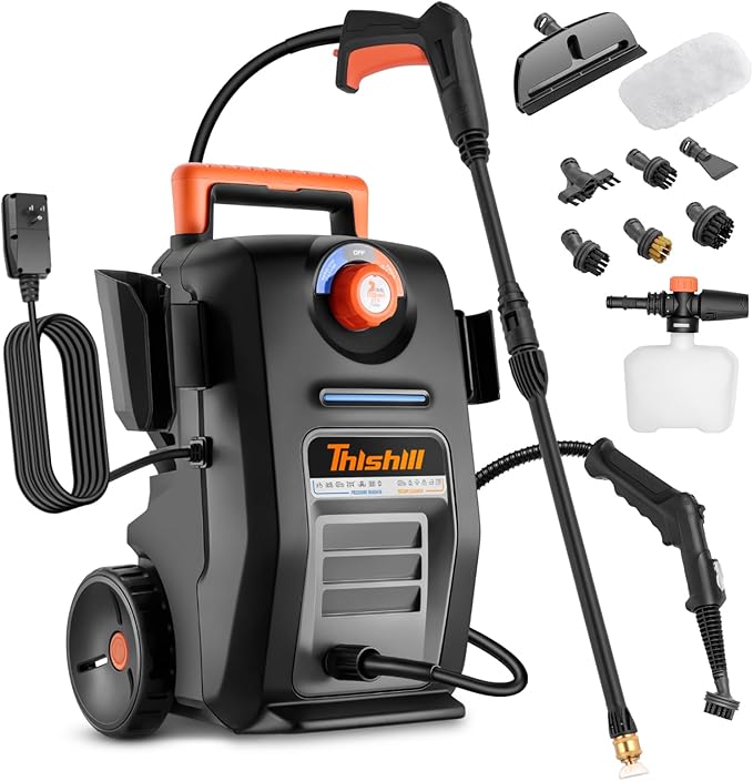This Hill 2 in 1 Pressure Washer & Steam Cleaner, 2GPM 3000PSI with High Pressure Cleaner, 1500W High-Pressure Steamer for Cleaning, Suitable for Home, Tile, Carpet, Furniture & Personal Car Detailing