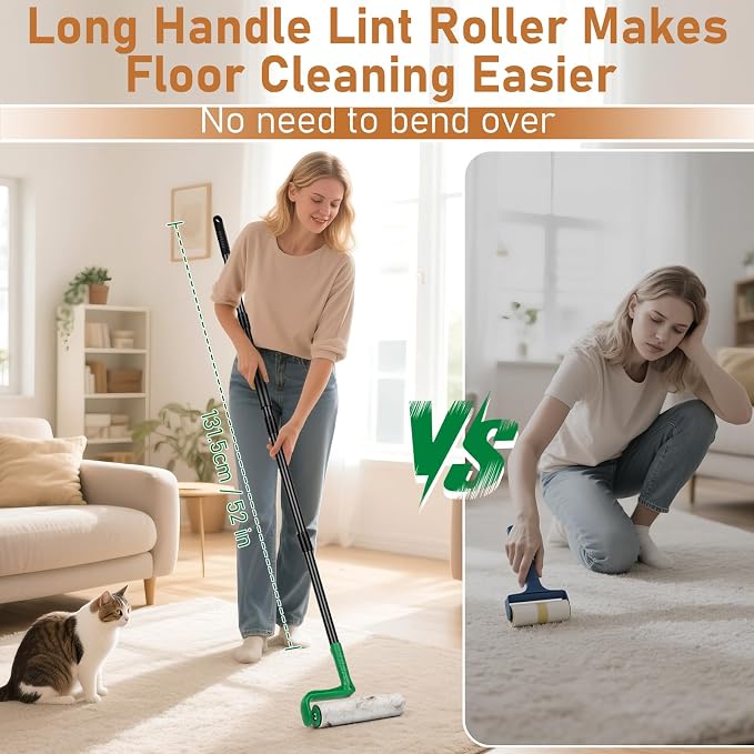 10" Large Lint Roller for Floor Carpet Pet Hair Extra Sticky with 4 Refills | 59" Long Handle Big Lint Rollers| 4 Roll 200 Sheets Rollers Refills for Cleaning Furniture, Couch,Car Seats,Rugs,Clothing - Image 4