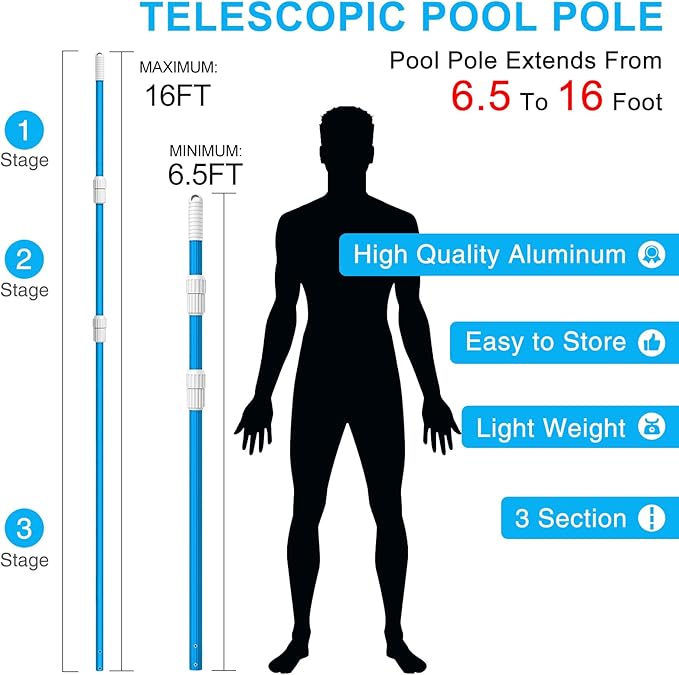 BLIKA 16FT Blue Aluminum Telescopic Swimming Pool Pole, 1.30mm Thickness, Pool Pole Telescopic, Professional Pool Poles for Skimmer Net,Brush,Vacuum Head