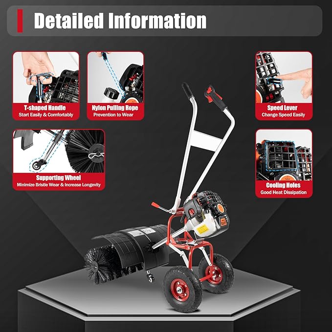 52CC Walk Behind Power Sweeper Broom, 2-Stroke 2.5HP Single-Cylinder Air-Cooling Gas Power Sweeper Snowplow Broom Driveway Lawns Artificial Grass Power Brush Lawn Sweeper Cleaner Tools for Sidewalk