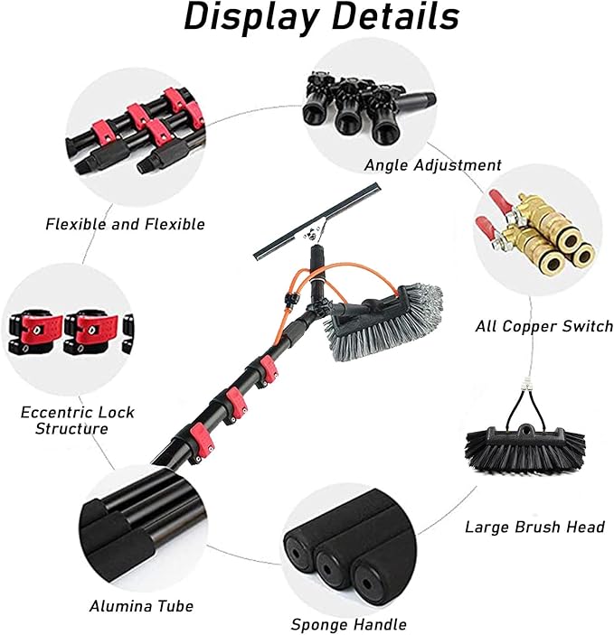 Window Cleaning Wand, Water Feeding Telescopic Brush for Pv Panel Cleaning - 12m/40ft, Roof Cleaning Tool Window Cleaner Kit,35cmbrushhead-5.4M/18FT