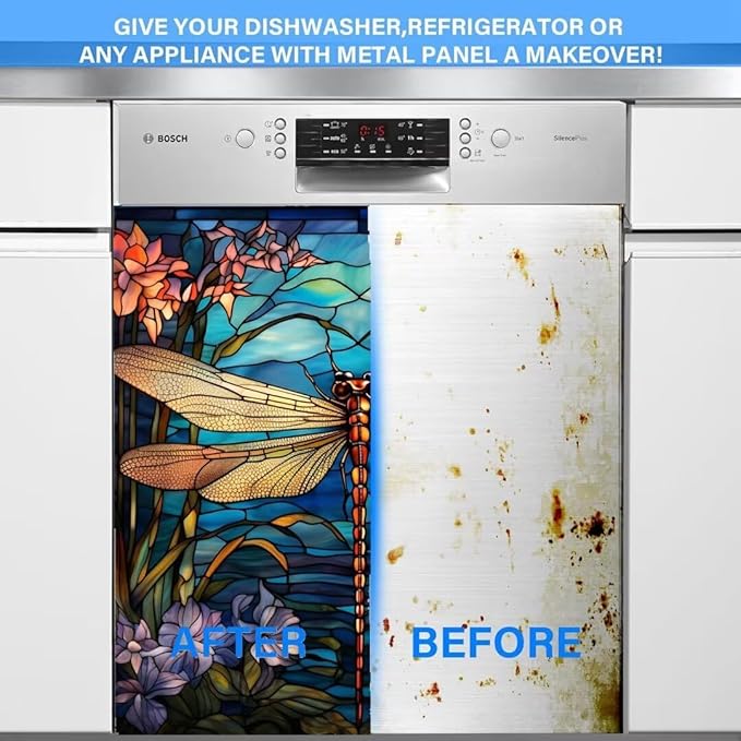 Dragonfly Dishwasher Magnet Cover, Stained Glass Window Home Magnetic Appliance Panel Decal, 23" W x 26" H, 1 Count