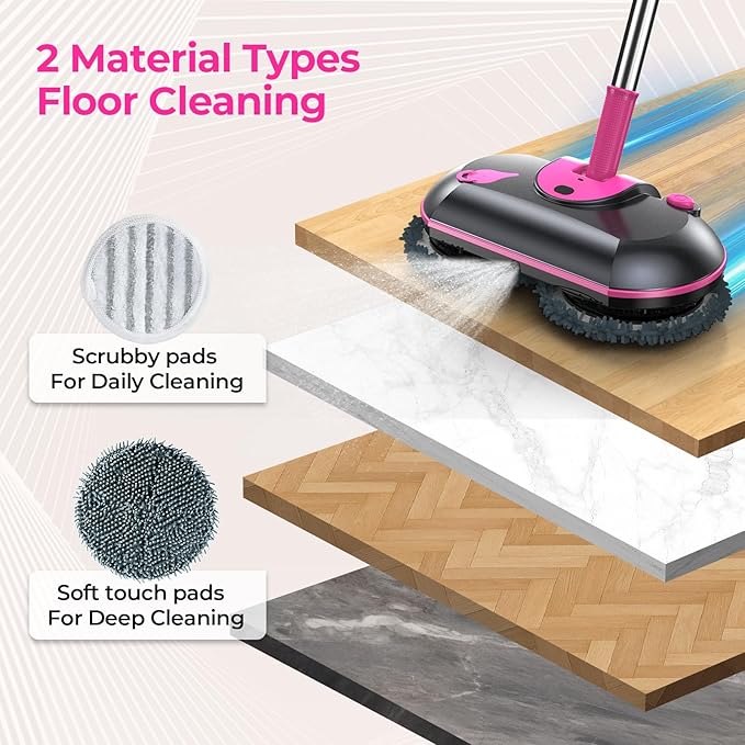 Cordless Electric Spin Mop with Water Sprayer, 300ml Tank Self-Propelled Floor Cleaner for Hardwood & Tile, Quiet Cleaning, Adjustable Handle, 2500mAh Long-Lasting Battery, Pink