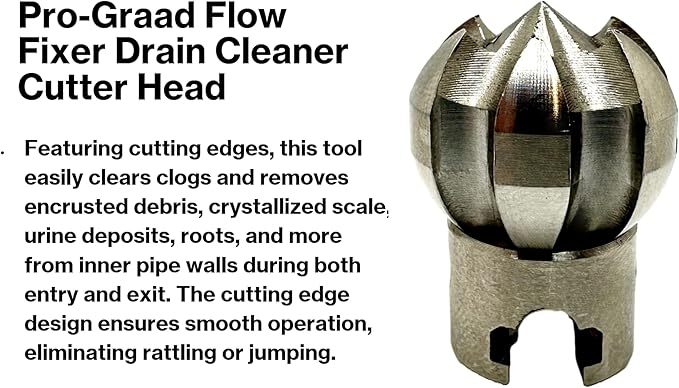 1” Flow Fixer Drain Cleaner Plumbing Snake Cutter Head for 1-1/4" - 2" Pipes, Clears & Scrapes Pipe Inner Walls, with R-Connector (Push Pin Fitting), for Commercial & Residential Use