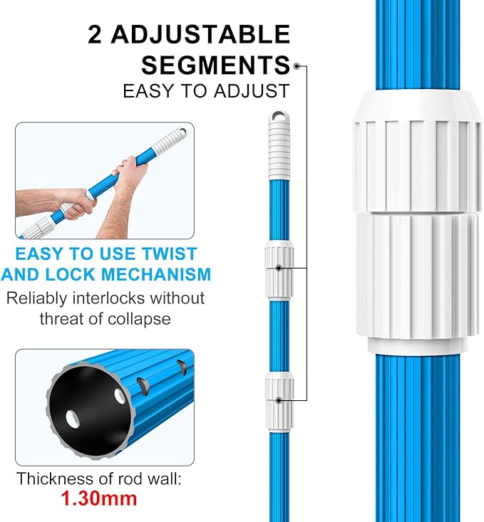 BLIKA 16FT Blue Aluminum Telescopic Swimming Pool Pole, 1.30mm Thickness, Pool Pole Telescopic, Professional Pool Poles for Skimmer Net,Brush,Vacuum Head