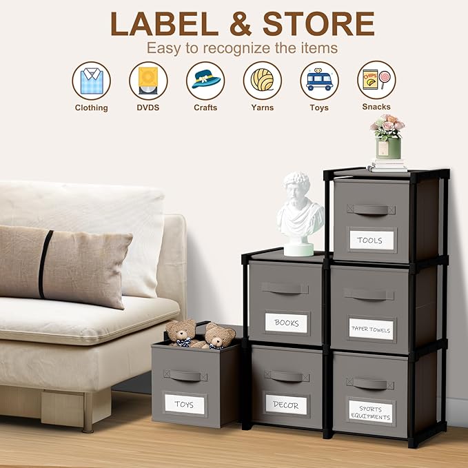 Geelin 6 Sets Cube Storage Organizer Bins with Shelf & Labels 11 Inch, Fabric Collapsible Cubby Toys Clothes Storage Drawer Unit for Daycare Nursery Playroom Bedroom Dorm Organizer (Gray)