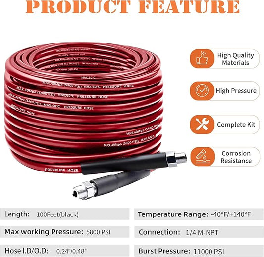 Sewer Jetter Kit for Pressure Washer, 100FT Drain Cleaner Hose 5800PSI with 1/4 Inch NPT Corner, Rotating Nozzle and 4 Different Button Nose Sewer Jet Nozzles, Waterproof Tape and 2 Spanners（Red）