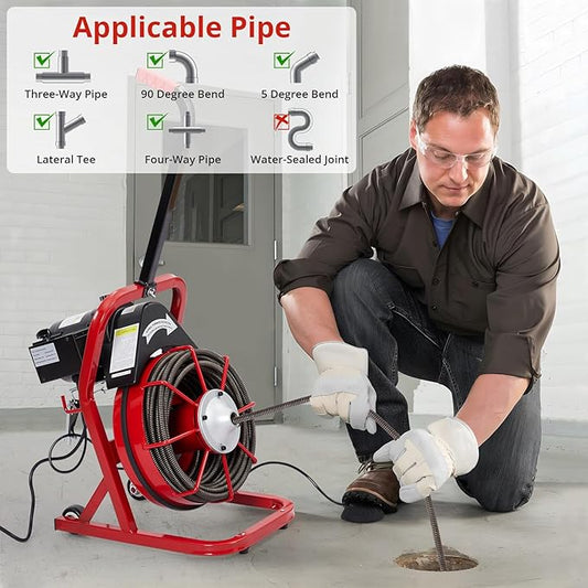 Drain Cleaner Machine 50 Ft x 3/8 Inch, 250W Drain Cleaning Machine Portable Electric Drain Auger with Cutters Glove Drain Auger Cleaner Sewer Snake, 4 Cutters Included, Foot Switch Control, and Idea