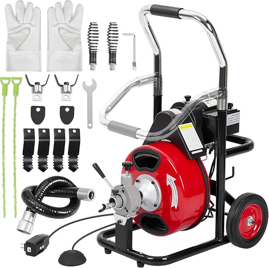 Electric Drain Cleaner - Efficiently Clears Clogs With Power - 75FT x 1/2 Inch Cable, 4 Interchangeable Cutters, Foot Switch, Protective Gloves.