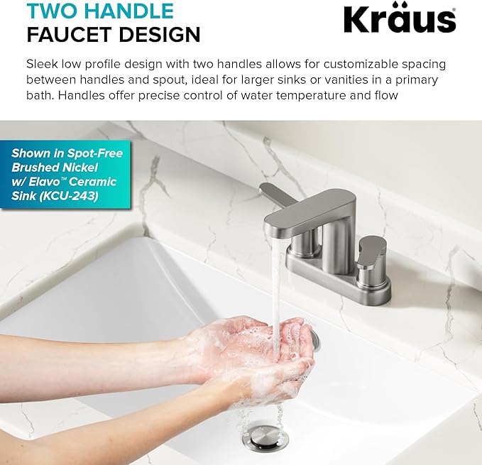 KRAUS Indy Centerset Bathroom Faucet in Spot-Free Brushed Nickel/Matte Black with 2 Handles, Pop Up Drain and Supply Lines, FUS-14102SFBNMB