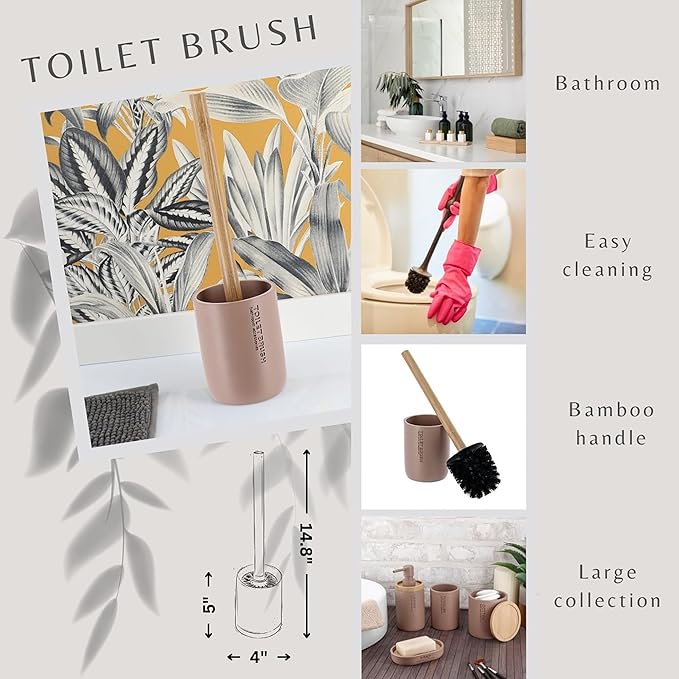 Compact Cappuccino Toilet Brush and Holder Set with Natural Bamboo Handle - Durable Toilet Bowl Brush for Deep Bathroom Cleaning