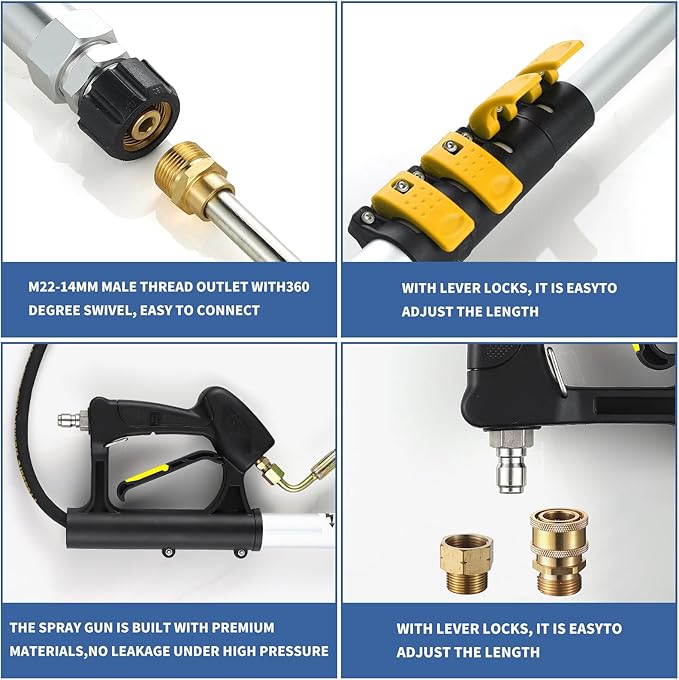 24 FT Telescoping Pressure Washer Wand with Pressure Washer Extension Wand, Brush Head, Gutter Cleaner, 5 Spray Nozzle Tips, 2 Hose Adapters and Support Belt