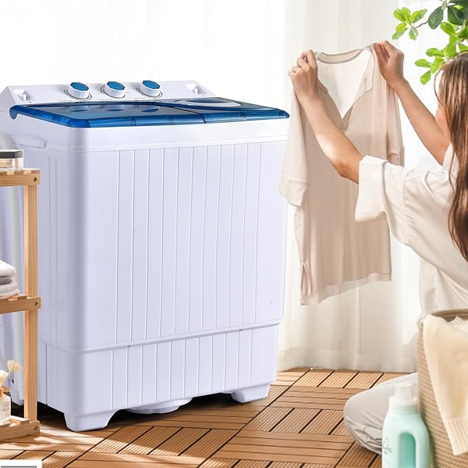 COSTWAY Portable Washing Machine, 2-in-1 Twin Tub 26lbs Capacity Laundry Washer(18lbs) and Spinner(8lbs) with Control Knobs, Timer Function, Drain Pump, Perfect for Home Apartment RV, Blue