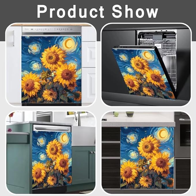 Farmhouse Sunflower Dishwasher Magnetic Covers for The Front, Starry Night Style Flowers Magnetic Dishwasher Sticker, Sunflower Painting Fridge Magnetic Skins Cover - 23" W x 26" H Magnetic