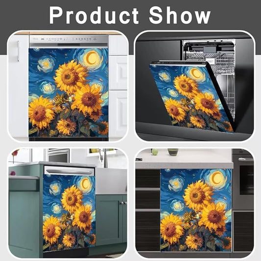 Farmhouse Sunflower Dishwasher Magnetic Covers for The Front, Starry Night Style Flowers Magnetic Dishwasher Sticker, Sunflower Painting Fridge Magnetic Skins Cover - 23" W x 26" H Magnetic