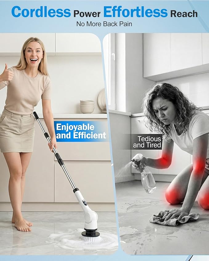 Electric Spin Scrubber, 3-Speed Cordless Shower Scrubber with Long Handle & 10 Replaceable Brush Heads, 90 Mins Runtime & Full-Body IPX7 Waterproof Shower Cleaner Brush for Bathroom Kithchen
