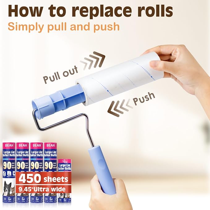 BEAH Large Lint Roller for Pet Hair Extra Sticky,9.45''Pet Hair Removal Tool Roller for Pet Dog Cat Hair (1 Roller+4 Long Rolls 1 Short roll) - Image 6