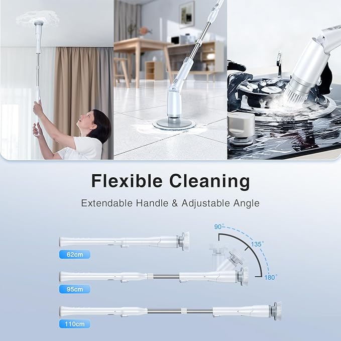 LABIGO Electric Spin Scrubber LA3 Pro, Cordless Bathroom Scrubber with 5 Replacement Head, 3 Adjustable Angle, Household Power Cleaning Brush with Extension Arm for Bathtub Car Grout Tile Floor