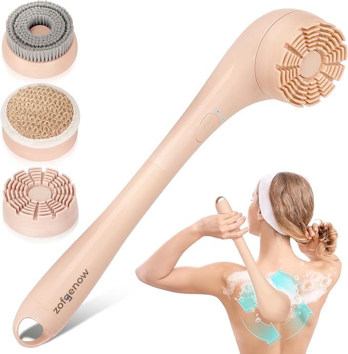 Electric Body Brush, Waterproof Back Scrubber for Shower with Long Handle and 3 Heads, Rechargeable Exfoliating Brush for Body and Foot, Deep Cleansing Massager, Pink