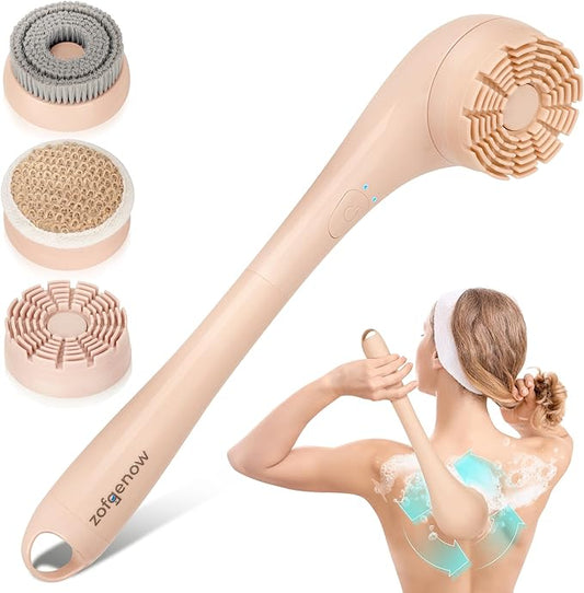 Electric Body Brush, Waterproof Back Scrubber for Shower with Long Handle and 3 Heads, Rechargeable Exfoliating Brush for Body and Foot, Deep Cleansing Massager, Pink