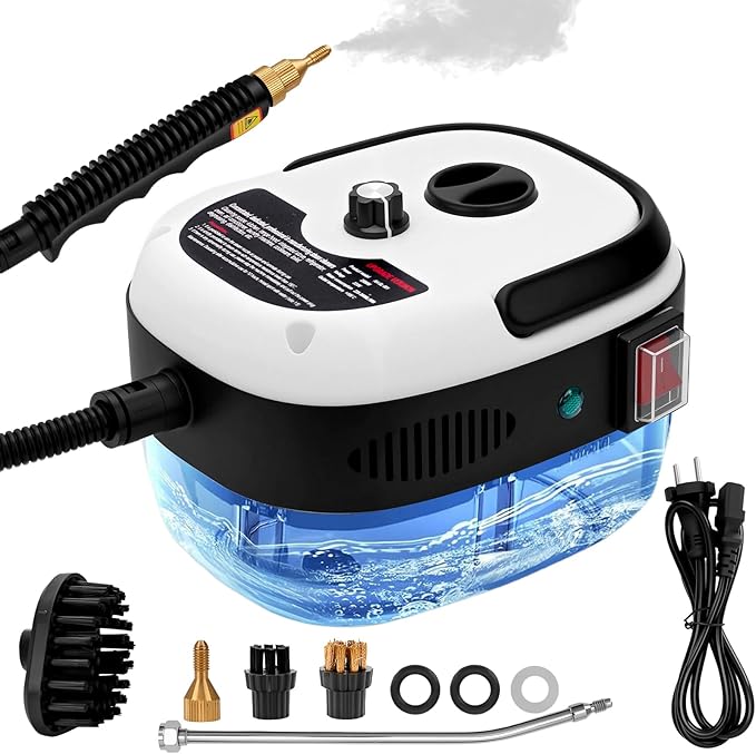 Steam Cleaner, 2500W High Handheld Steam Cleaner, 1L Portable Car Steam Cleaner, 6 High Speeds Pressure Temperature Steam Cleaning Machine with 3 Brush Heads for Kitchen Home Car Cleaning（White）