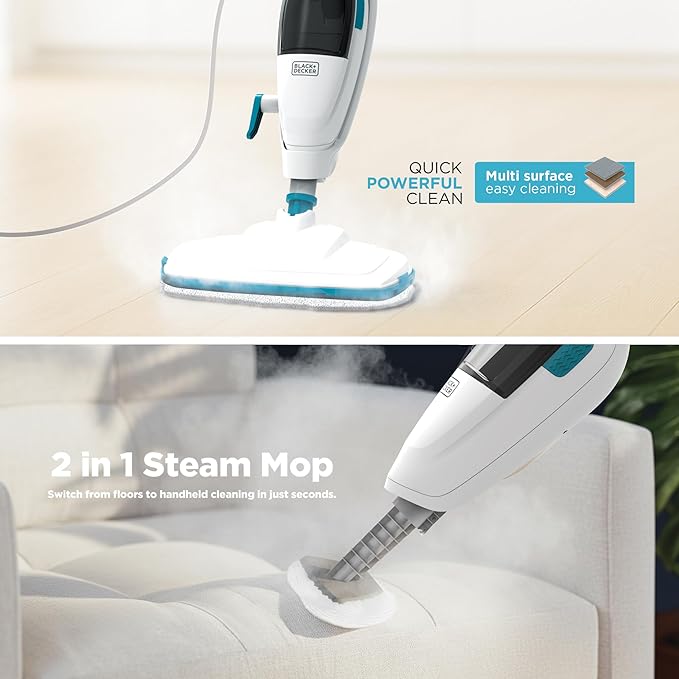 BLACK+DECKER 2-in-1 Steam Mop and Handheld Steam Cleaner, 1500W Electric Floor Steamer with 180° Swivel Steering, Fast 30s Heat-Up, Compact Foldable Storage, 13 Accessories for Tile & Hardwood Floors