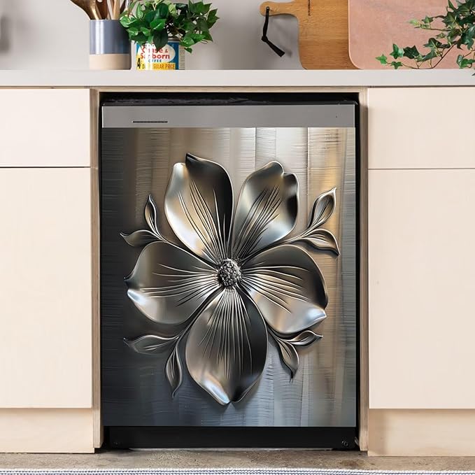 Metal Flower Dishwasher Magnetic Cover for Door Front, Retro Style Stainless Steel Refrigerator Magnet Decor Sticker, Dishwasher Magnet Panel Decal for Fridge Home Appliance 23 W x 26 H inches