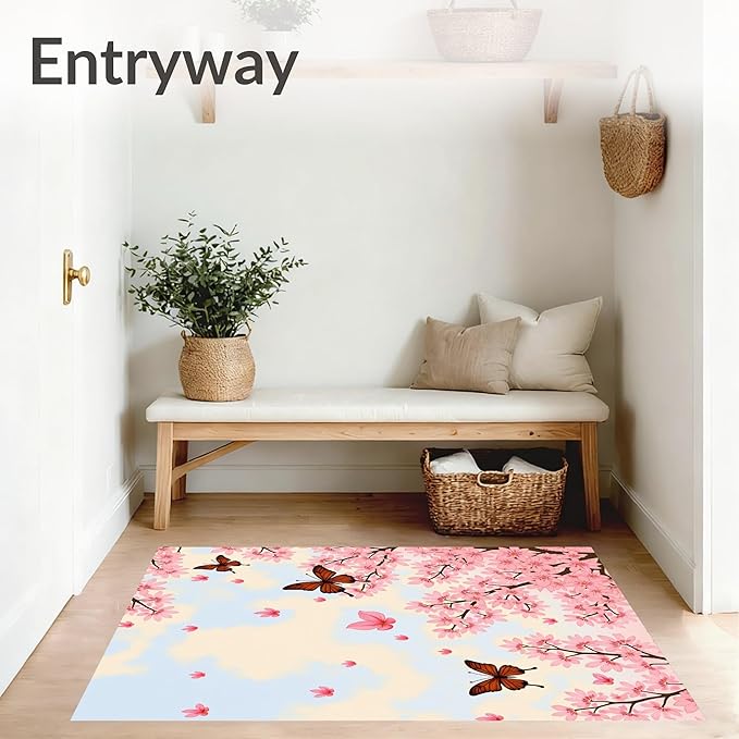 Flatwoven High Traffic Area Rug 8x8, Exquisite Springtime Blossom Shower Curtain Matching Suite, Non Slip, Stain Resistant, Washable Area Rugs for Living Room, Bedroom (Pink, 8x8)