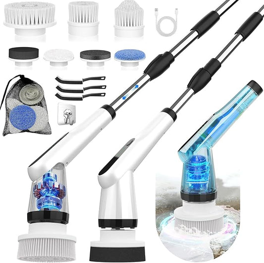 WKY-Electric Spin Scrubber - Upgraded 12-in-1 IPX7 Waterproof Shower Scrubber, Retractable Handle & 2-Speed for Toilet, Bathroom, Bathtub, Tile Floors