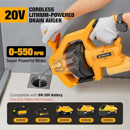 Cordless Drain Auger Compatible with Dewalt 20V Battery, Auto-Feed Plumbing Drain Snake with 23.62FT Replaceable Cable, Drain Clog Cleaner Tool for Sink, Toilet, Bathtub, Sewer (Battery Not Included)