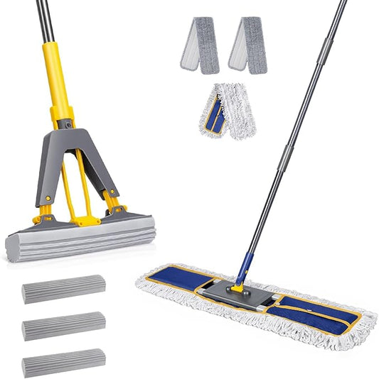 Masthome 36" Commercial Mop with 3 Microfiber Pads & Roller Sponge Mop with 3 Absorbent PVA Mop Refills- Home & Office Suitable