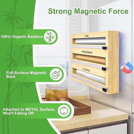 Magnetic Plastic Wrap Dispenser with Cutter, 3 in 1 Refrigerator Bamboo Organizer for Tin Foil, Baking Paper, Wax Paper Holder Kitchen Storage Box Compatible