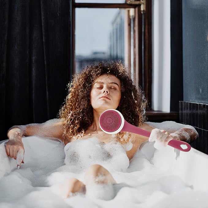 Electric Body Scrubber Silicone Bath Brush Rechargeable Waterproof Back Scrubber with Long Handle for Showering and Dead Skin Removal, 5-in-1 Skin Cleaning Tool for Home Bath Use