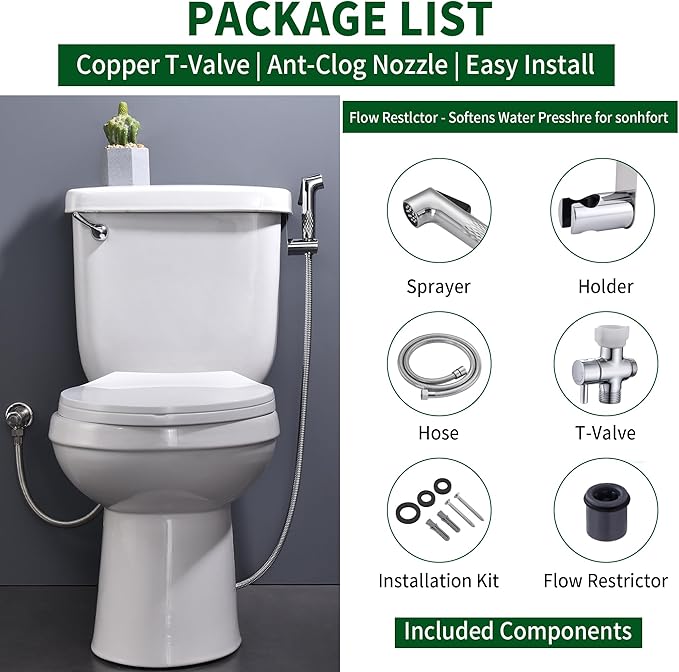 Handheld Bidet Sprayer for Toilet, Anti-Clog Chrome Head with Solid Copper T-Valve, 47" Stainless Steel Hose for Personal Hygiene Feminine Wash Toilet Cleaning, Easy Install - EYLCIMP